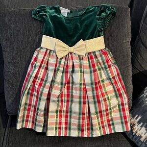 Bonnie Jean Green Velvet and Plaid Dress with Gold Bow